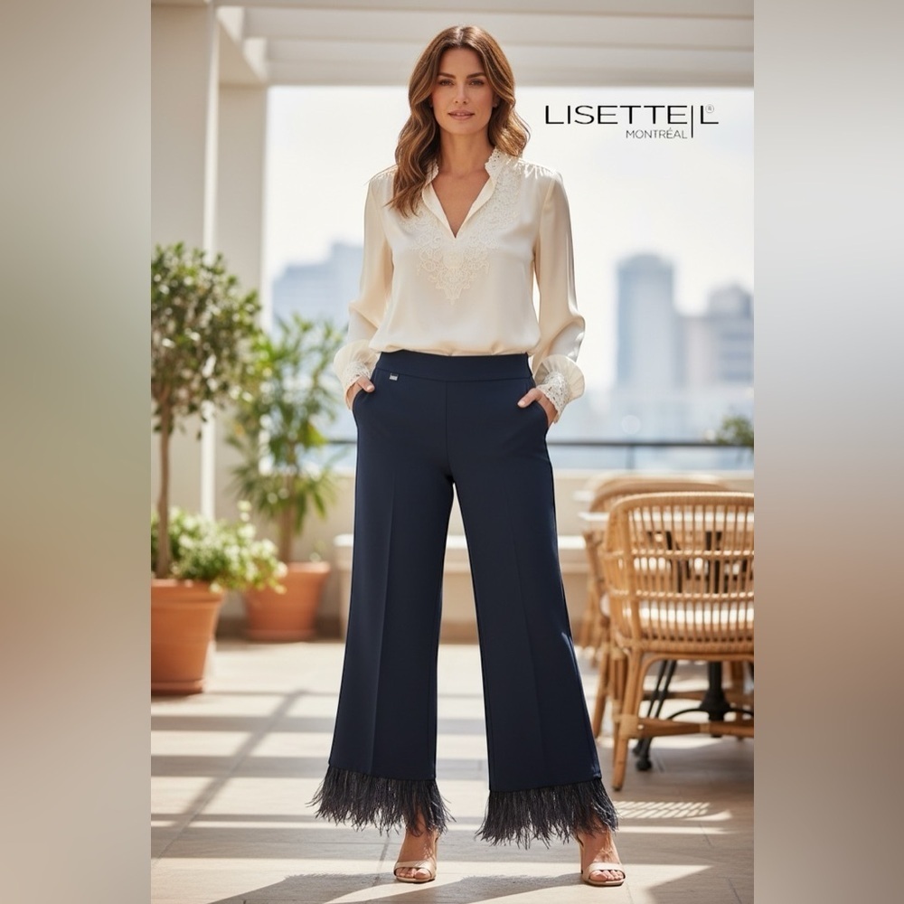 Lisette L  Montréal, Black Feather-Trimmed Designer Trousers, Size 16